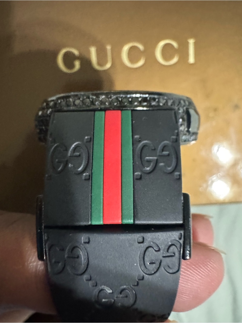 Gucci Black Rubber Watch Strap with Green and Red Center Stripe